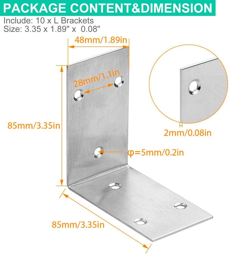 AKOLAFE 10PCS Stainless Steel L Bracket, 3.3â€x 1.9â€ Heavy Duty Wide Corner Brace, 90 Degree Angle Brackets, L Shelf Brackets Corner Bracket for Wood Furniture Bookshelf Board Window Cabinet - Image 2